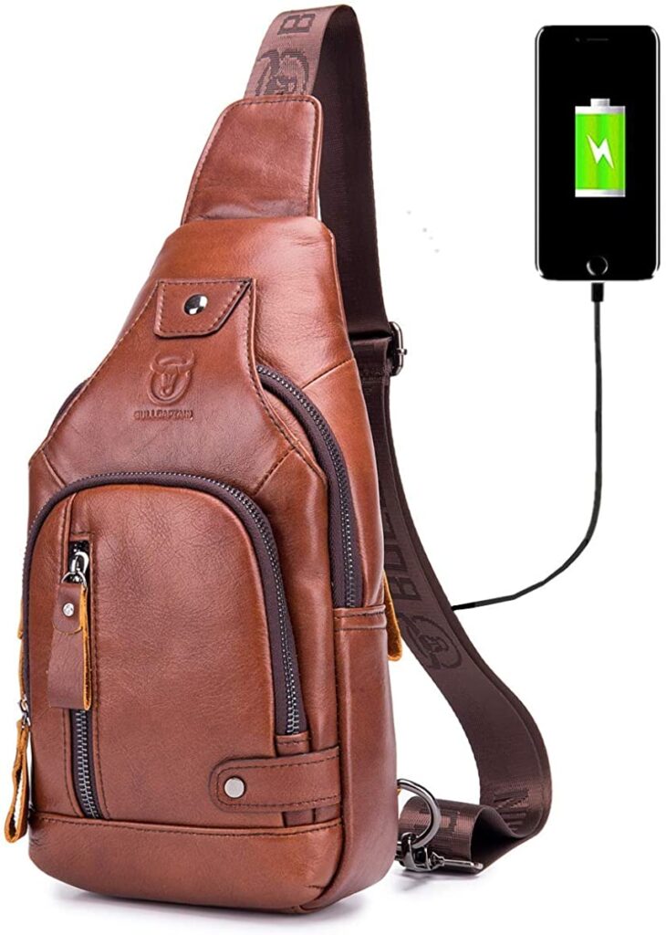 BULLCAPTAIN Genuine Leather Sling Backpack with USB Charging Port